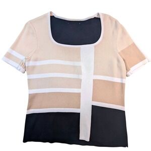 Striped Square Neck Knit Top – Womens Short Sleeve Beige Black White